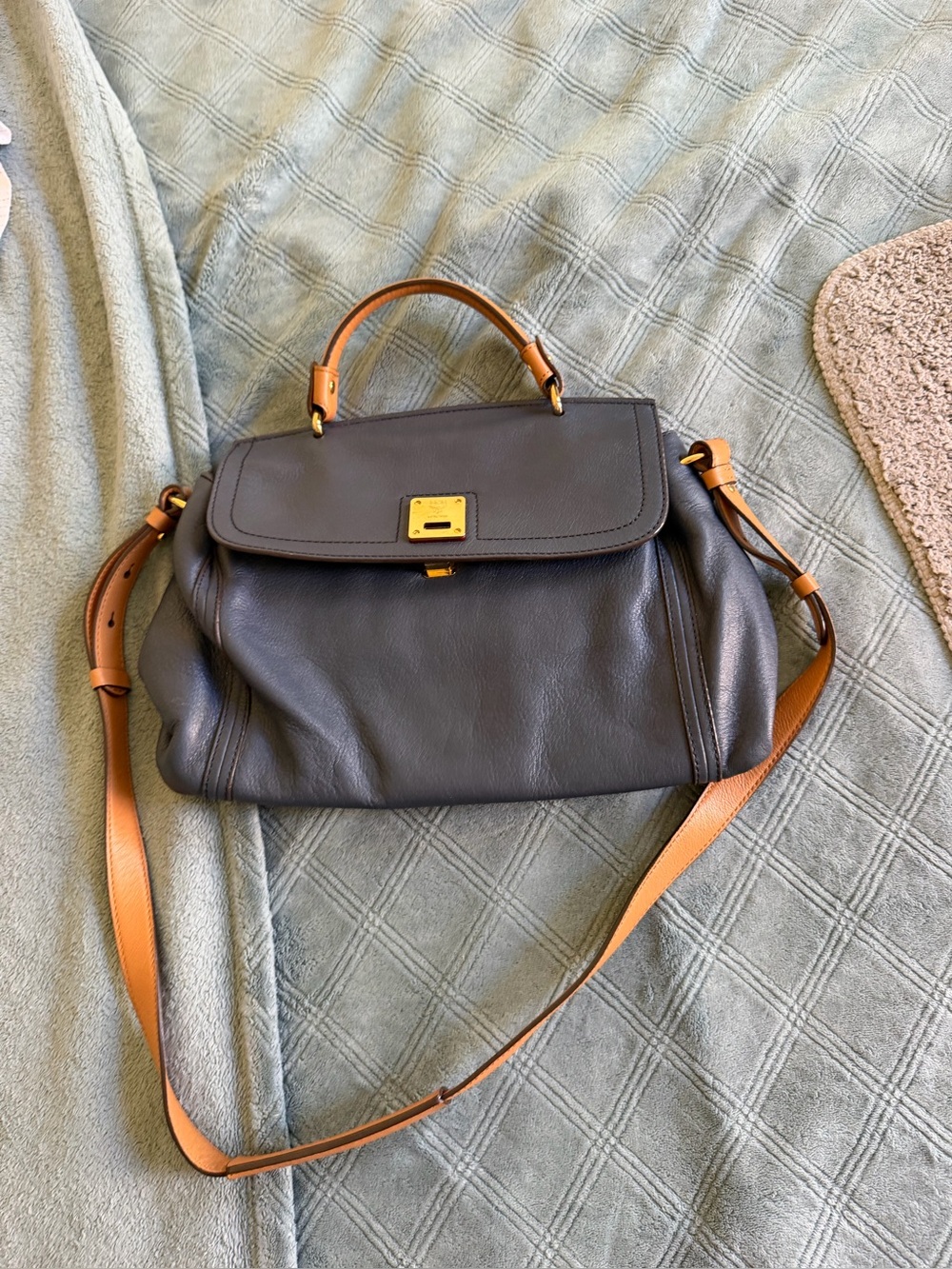 Classic Two-Tone Leather Satchel in Charcoal and Tan